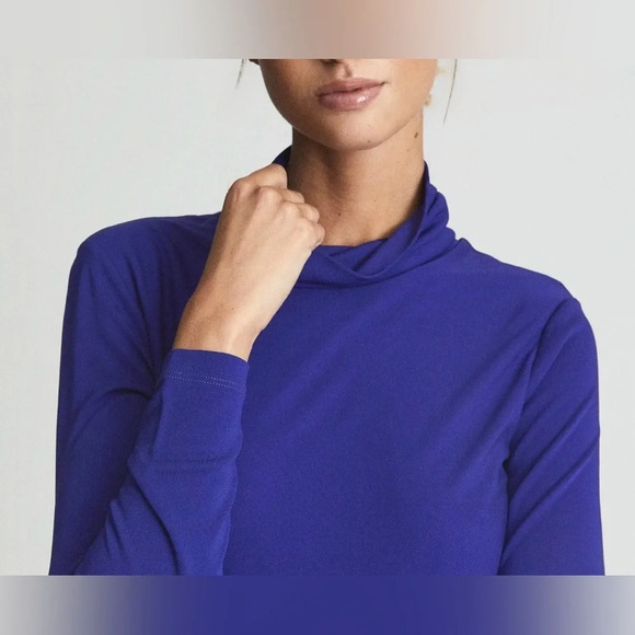 Reiss Freya Dress front twist long sleeves turtle neck in Royal blue - Picture 3 of 9